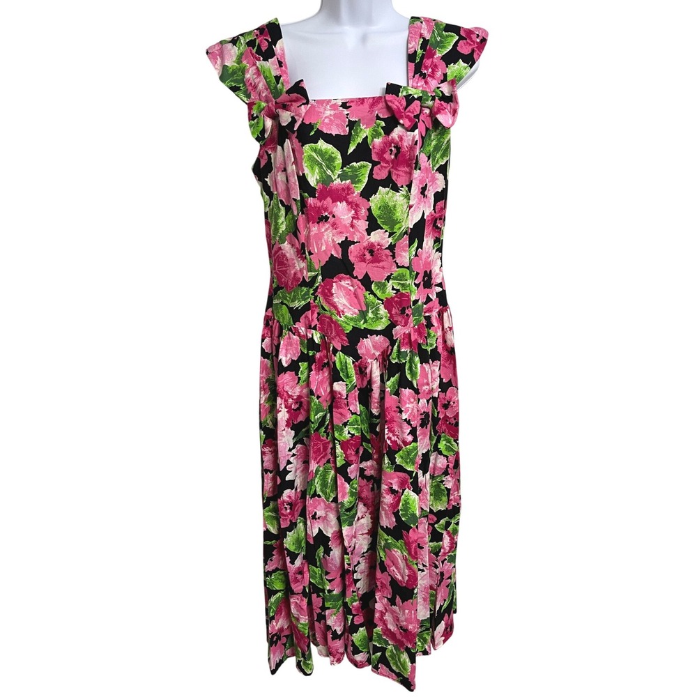 Vintage 80s Paquette Too Floral Bow Midi Dress Pinup Retro Basque Waist Size 14